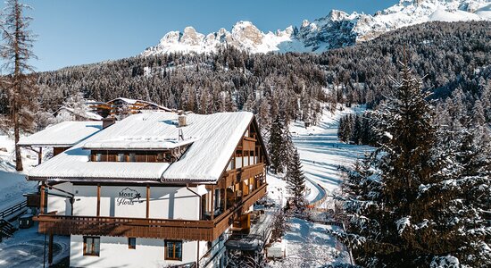 Hotel innevato Mont Floris davanti a paesaggio alpino