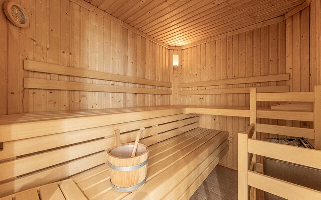 Wood sauna with a bench and steam bucket.