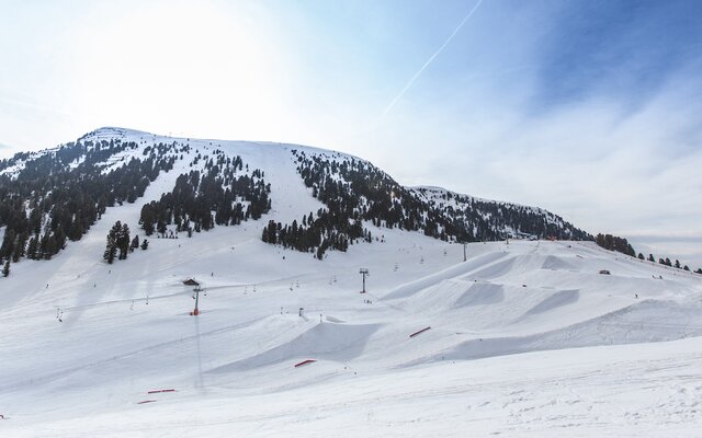 A panoramic view of the ski slopes with ski lifts and snow-covered terrain.